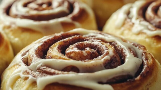 Freshly baked cinnamon rolls with sweet icing, perfect for breakfast or snack