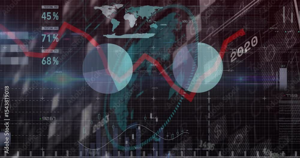 Poster upon loading backdrop, red line shifting, charts materializing, map sliding to form dashboard