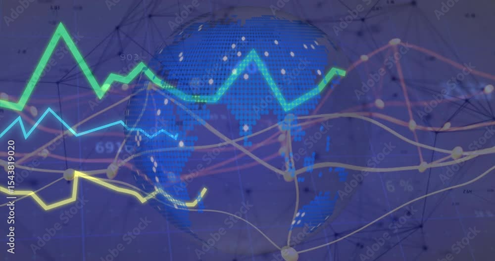 Poster upon opening bluish grid, rotating globe while graphs sweeping and nodes pulsing, showing data flow