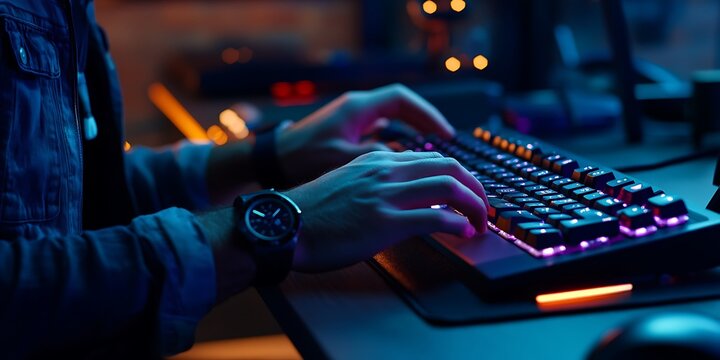 Person typing on a backlit mechanical keyboard