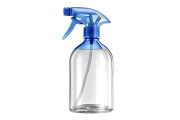 Clear plastic spray bottle with blue cap, isolated on black background.