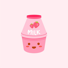 Cute Korean Strawberry Milk Bottle with Face. Cartoon milk Character Illustration