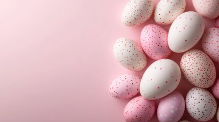 Beautifully decorated Easter eggs in various colors sit on a soft pink background, perfect for festive celebrations and spring-themed decorations and events.