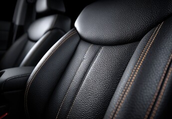 Close-up of luxurious black leather car seats with contrasting orange stitching, showcasing texture and detail