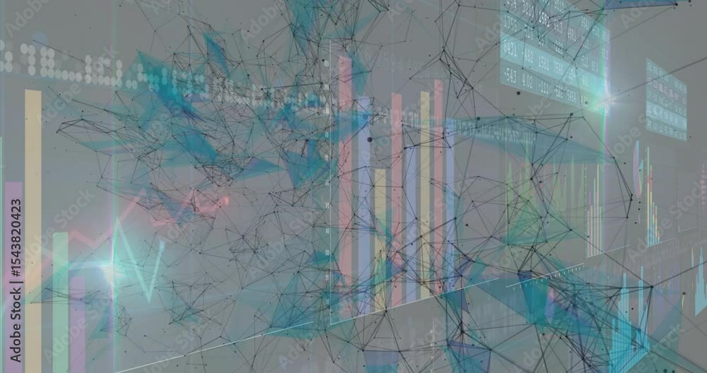 Aufkleber network fading in and expanding as pastel bars, cyan graph and table pulsing showing dynamic data