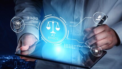 Naklejka na ściany i meble AI is transforming society, raising important ethics questions. Ethics in AI design ensures fairness. AI ethics promote responsible decisions. Balancing AI power with strong ethics is essential. Muxer