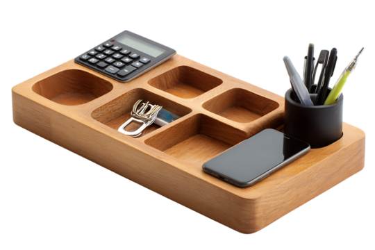 Wooden desk organizer with compartments for calculator, phone, pens, and more.