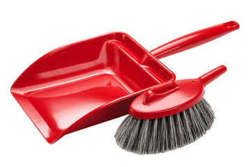 Red dustpan and brush cleaning supplies.