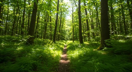 Fototapeta premium Sunlight path in lush green forest