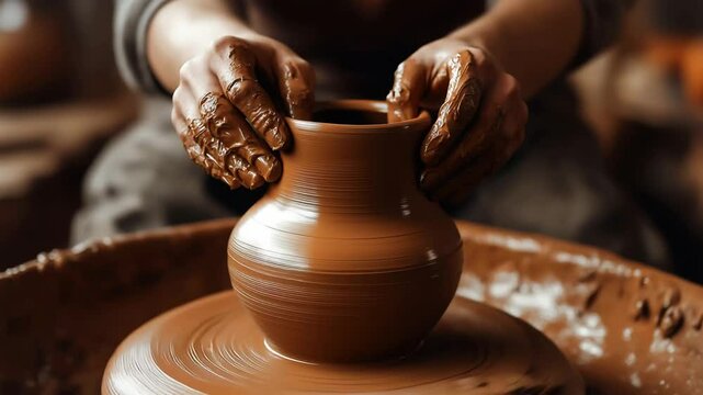 Close up hands of potter making ceramic pot on the pottery wheel. Handcraft ceramic workshop, Creative masterclass from an artisan, Clay shaping concept	