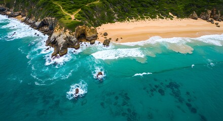Aerial view of beach with turquoise waves