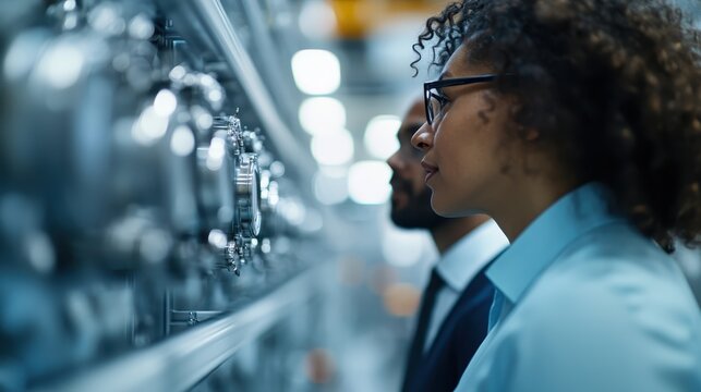 Two professionals intently analyzing machinery controls in an industrial setting, embodying focus and collaboration in the modern workplace to ensure operational excellence. - Powered by Adobe