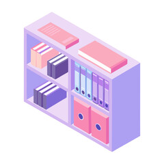 Isometric design icon of a document shelf with organized books and files 