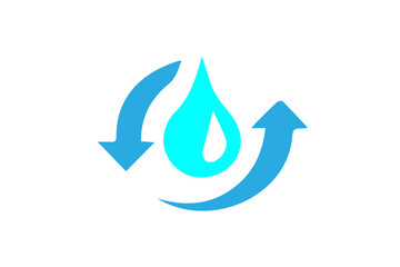 The image shows a light blue water droplet in the center, flanked by two blue curved arrows forming a circular motion—one pointing downward on the left and the other upward on the right.