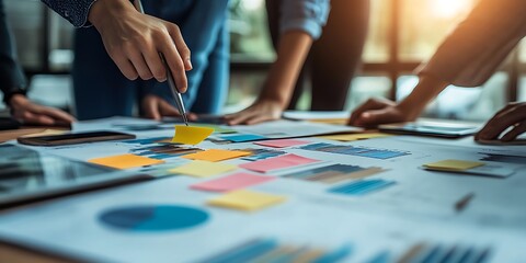 Obraz premium Team working on a project with charts and sticky notes