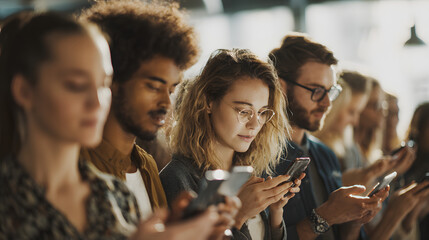 Crowd group of many young people looking at their smartphones, generation z technology addiction social media internet scrolling.