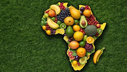 A creative silhouette of the African continent portrayed with an assortment of colorful fruits and vegetables. This composition symbolizes the diversity and richness of African agriculture.