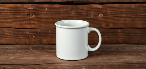 White ceramic camping mug on rustic wooden background, showcasing its design, cozy, image