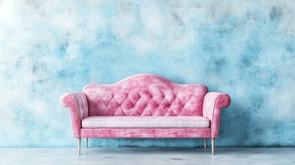 Pink chaise lounge in a light blue room.