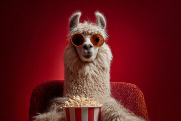 Alpaca in sunglasses holding a bucket of popcorn watches a movie in a red cinema background. Cinema, entertainment and pet concept. Funny animal for poster, commercial, design 