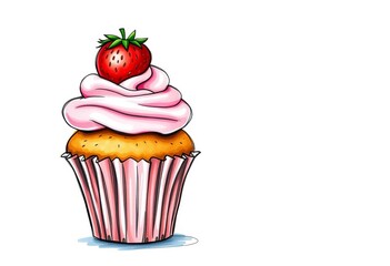 Whimsical sketch of a cupcake with a strawberry and swirled frosting,  sketch,  bakery