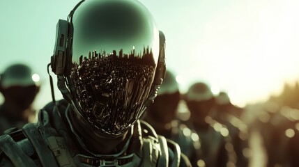 A group of futuristic soldiers donning shiny helmets stands resolutely, embodying strength and technology while reflecting a vision of advanced warfare and unity in a sci-fi context.