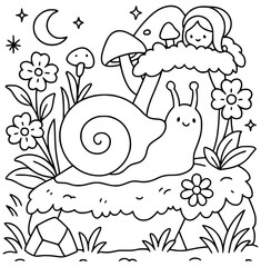 Whimsical Snail and Fairy Mushroom House – Black and White Line Art Coloring Page