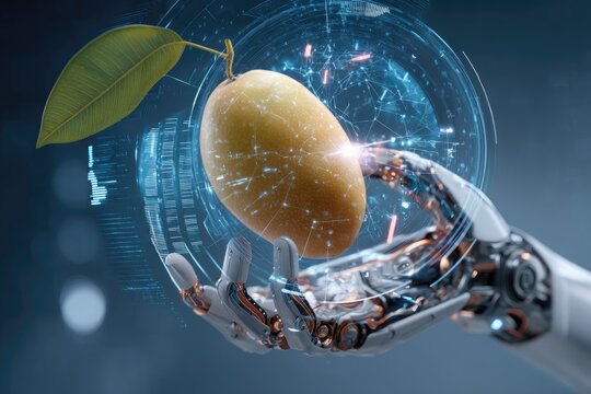 A surreal futuristic composition featuring a robotic arm gently lifting a mango, surrounded by holographic data projections - Powered by Adobe