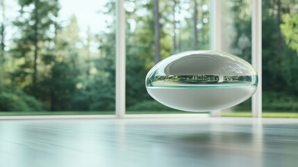 An elegant, futuristic glass orb levitating in a serene natural environment with greenery visible through its reflective surface, signifying innovation and tranquility.