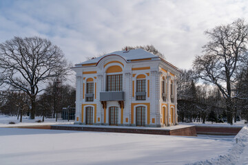 Hermitage Pavilion on the shore of the Gulf of Finland in the Lower Park of Peterhof on a winter...