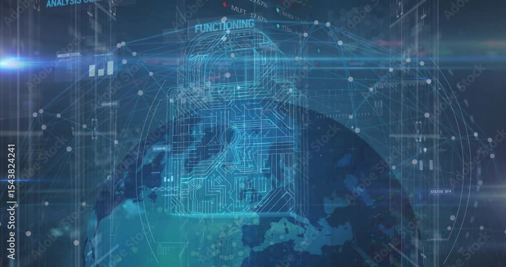 Poster rotating globe starting network overlay while digital padlock emerging, securing live data flow