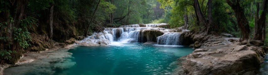 Fototapeta premium Serene waterfall scene nature oasis hdr 360 degree panoramic view