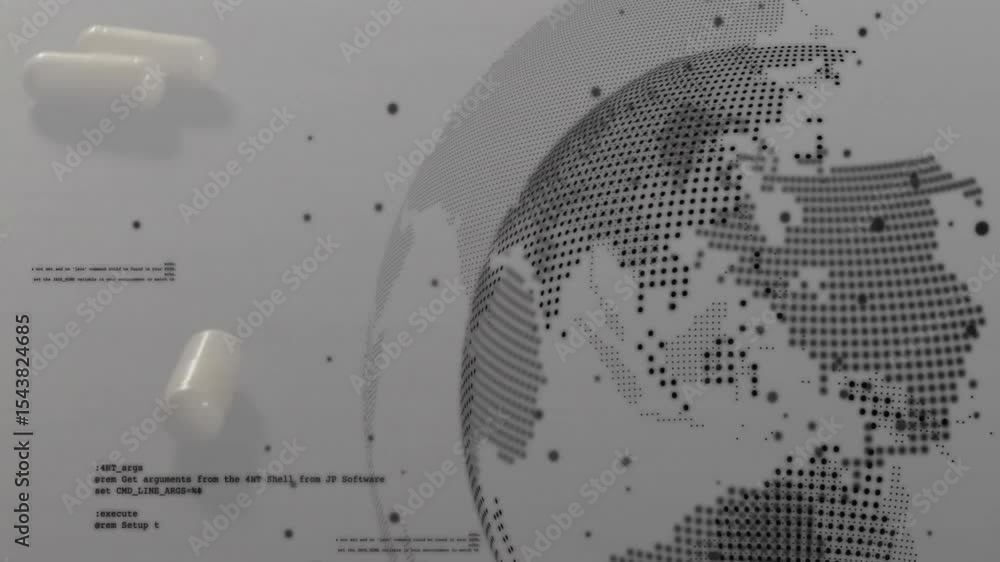Aufkleber upon start digital globe rotating, emitting particles and floating capsules, representing data flow