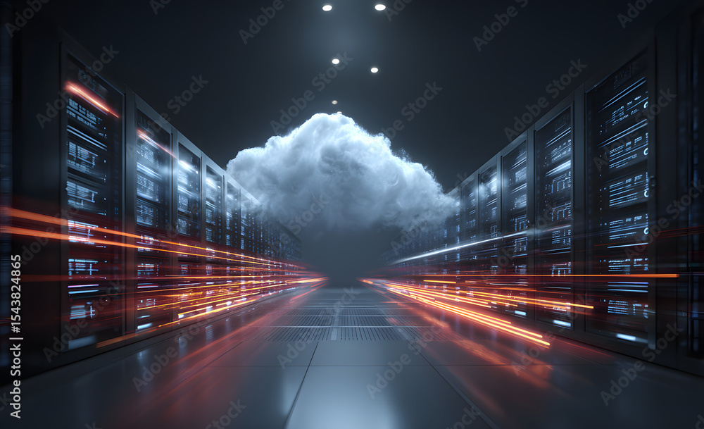 Poster a futuristic digital cloud computing concept overlaid on glowing server racks with moving data flow.