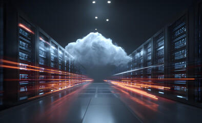 A futuristic digital cloud computing concept overlaid on glowing server racks with moving data flow.