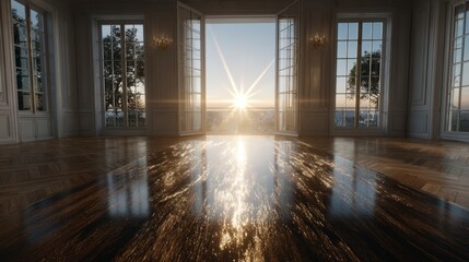 Fototapeta premium Sunlit Scandinavian Dining Room Minimalist Interior Design Hardwood Floor Large Windows