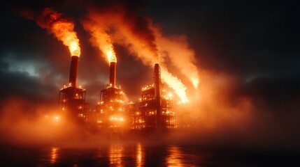 A dramatic depiction of a modern industrial plant, towering smokestacks emitting thick clouds of smoke, encapsulating the complex relationship between industry and the environment.