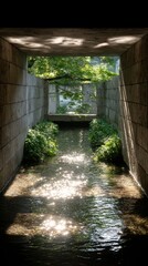 Naklejka premium Serene Stone Canal Sunlight on Water Greenery Architecture