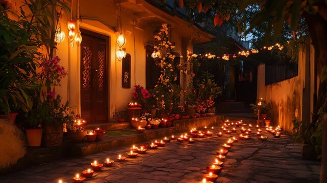The entrance of an Indian home is decorated with flowers and oil lamps for the traditional festival of lights, Diwali
