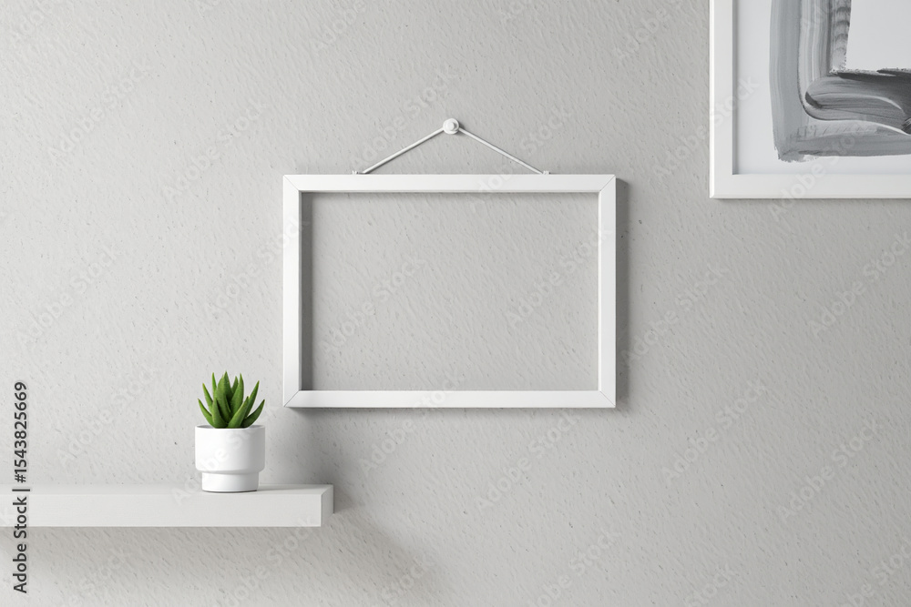 Poster white frame mockup on wall with plant and shelf for art and design display