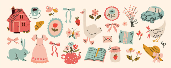 Cottagecore vector set with cute flat elements. Hand drawn flowers, bows, barn, goose, chicken, butterfly, dress, book. Spring and summer country lifestyle. Farm, garden, nature theme.