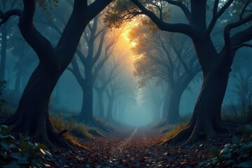 Dark forest landscape with twisted tree branches, dark, forests
