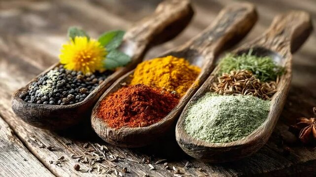 Close-up of Spices in Wooden Spoons with Dandelion and Star Anise