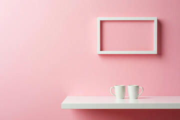 Pink wall art mockup with white frame and shelf for product presentation