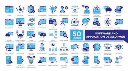 Software and application development icon solid two color set collection. This set includes This set includes coding, secure data, programming, algorithm and more icons and more icons in solid style
