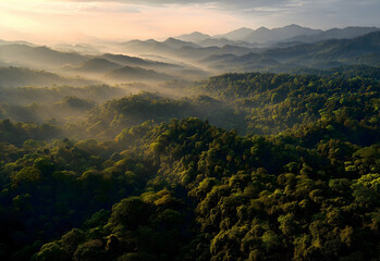 Fototapeta premium Aerial View of Majestic Mountain Jungle at Sunrise with Morning Mist