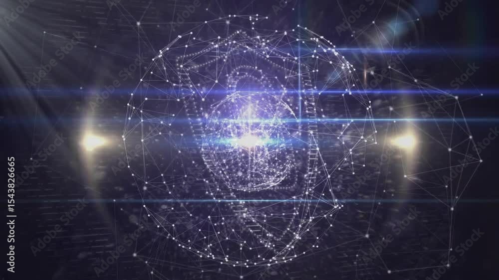 Poster drifting nodes linking with luminescent lines into mesh sphere in shield visualizing security