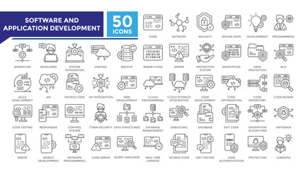 Software and application development lineal icon set collection. This set includes coding, secure data, programming, algorithm and more icons in lineal style. Vector icons collection for infographics