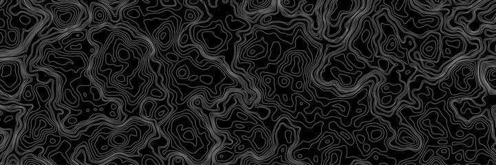Abstract black and white topographic map illustration in vector style, showing contour lines, curves, and mountain ranges. Seamless pattern inspired by physical geography and terrain relief.