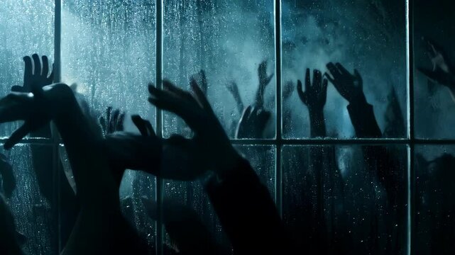 Silhouetted hands reach through rainy window in dark dramatic scene